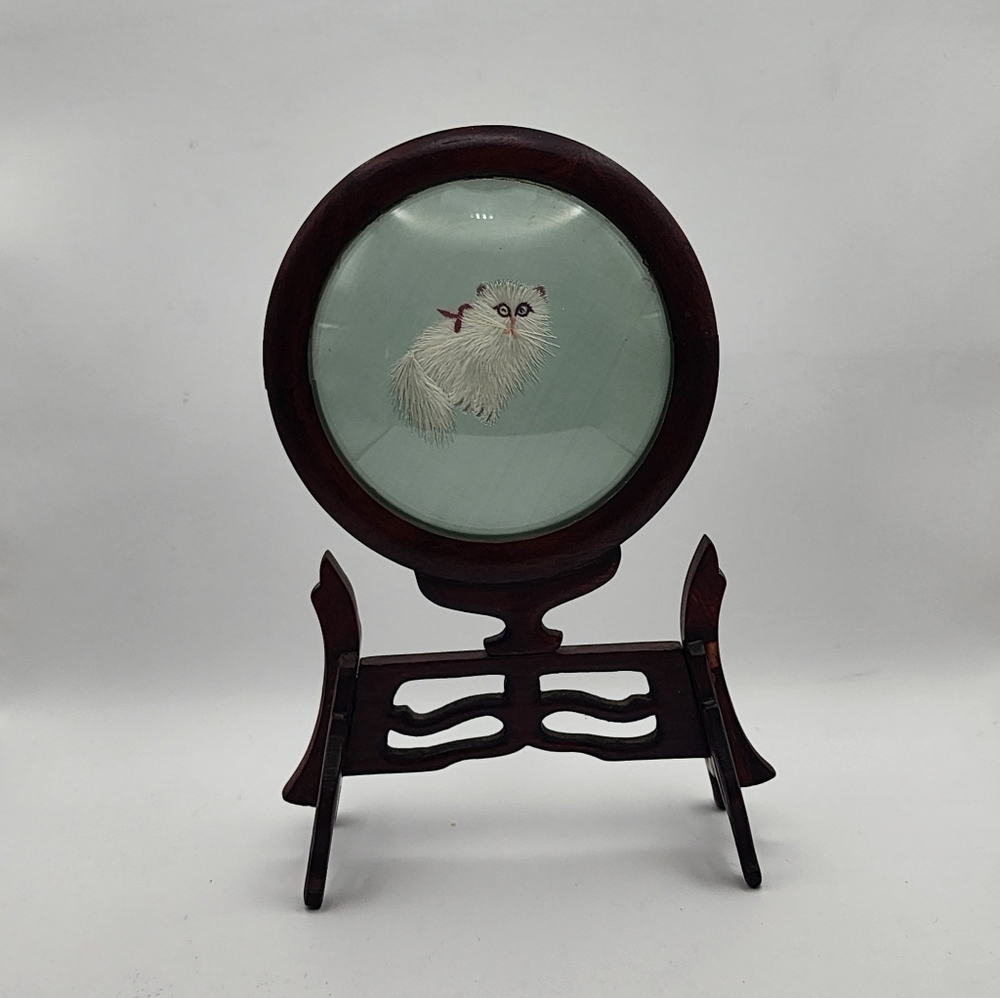 Chinese Double Sided White Cat Embroidery Art on Round Rosewood Display Stand